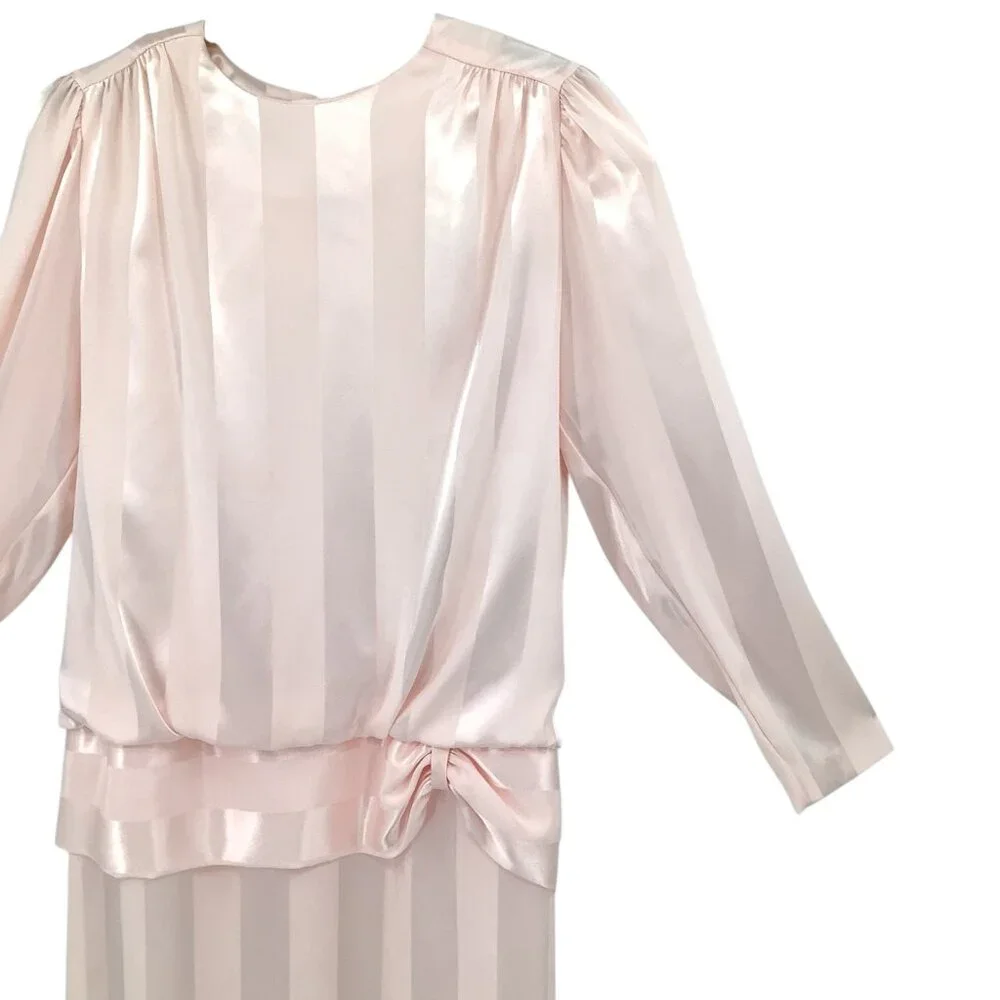 Alexis Women's Pink 11/12 Satin Stripe Blouson Puffed Shoulder Dress 80’s Vtg - Picture 3 of 9